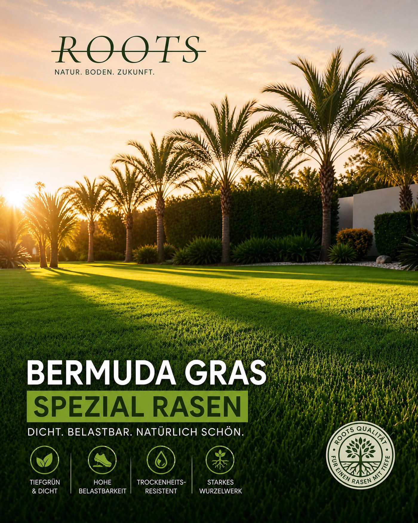 Produktcover ROOTS Bermuda Gras Spezialrasen: dichter Rasen im Abendlicht vor Palmen und einer mediterranen Villa.
