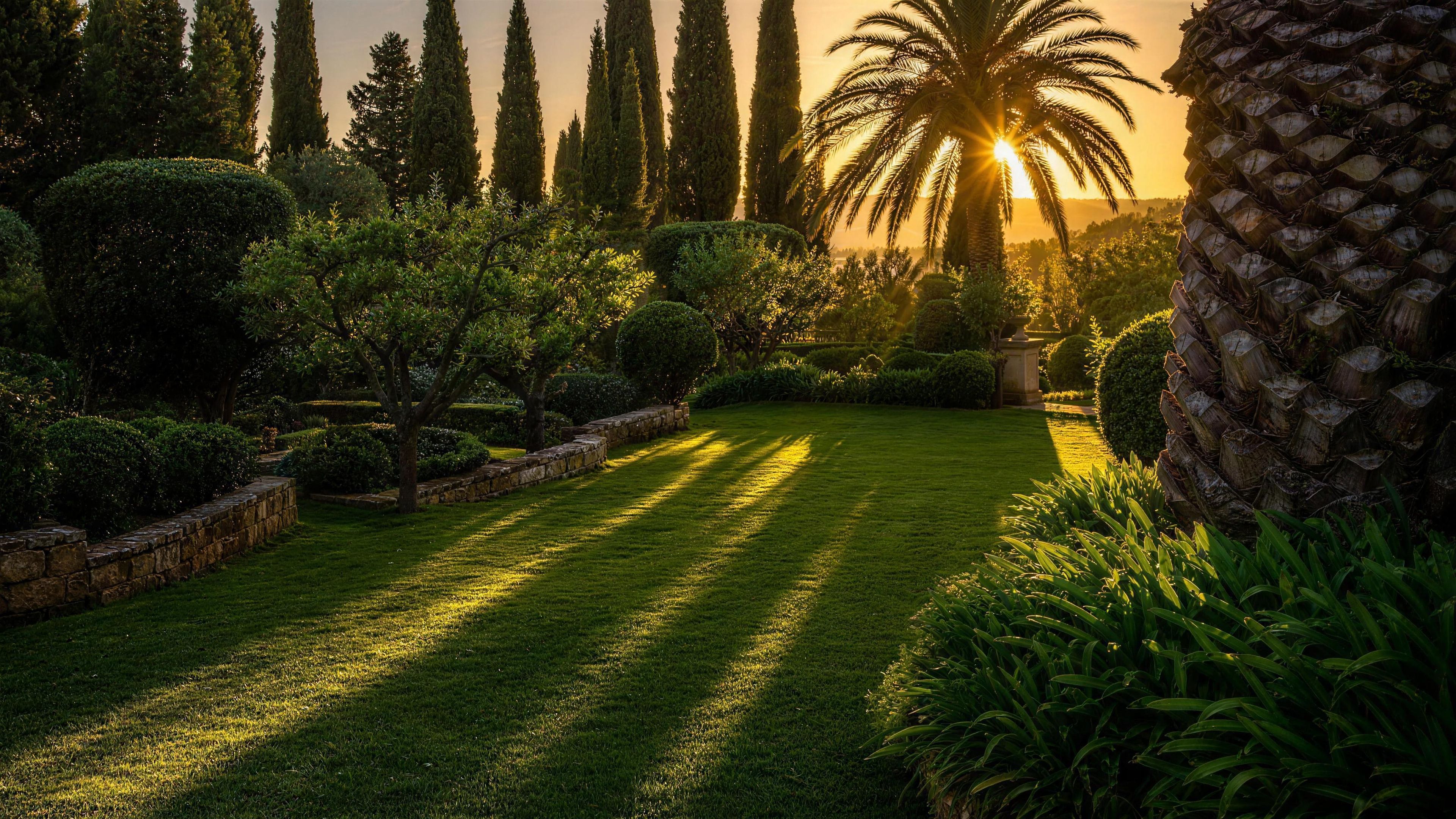 Mediterraner Garten im Abendlicht: gestreifte Rasenfläche zwischen Zypressen, einer Palme und niedrigen Natursteinmauern.