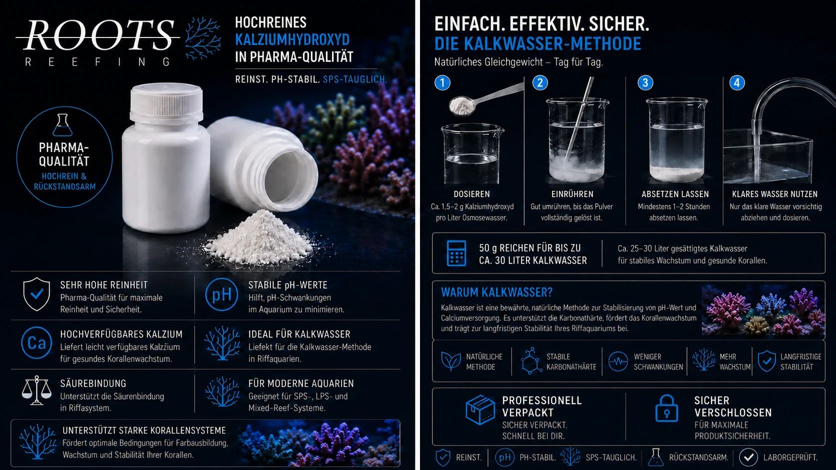 Produktflyer ROOTS Kalkwasser: zwei weiße Dosen Kalziumhydroxyd in Pharma-Qualität vor Korallen, daneben die Kalkwasser-Methode in vier Schritten und die Eigenschaften.