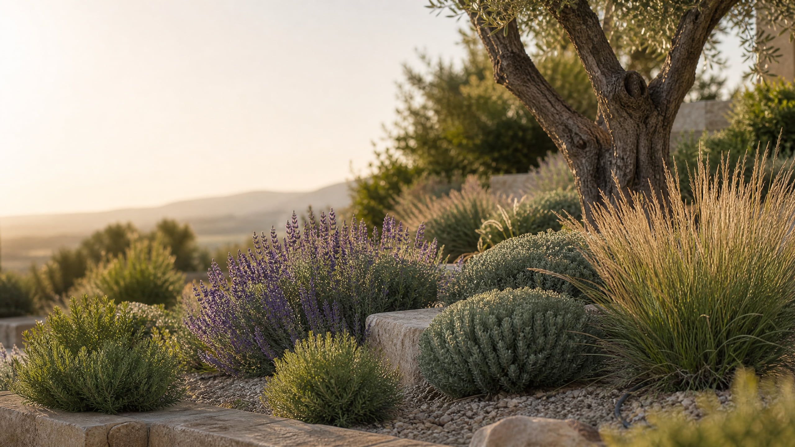 Olivenstamm, blühender Lavendel, silbrige Halbsträucher und Ziergräser auf Kies an einer Natursteinkante im warmen Abendlicht.