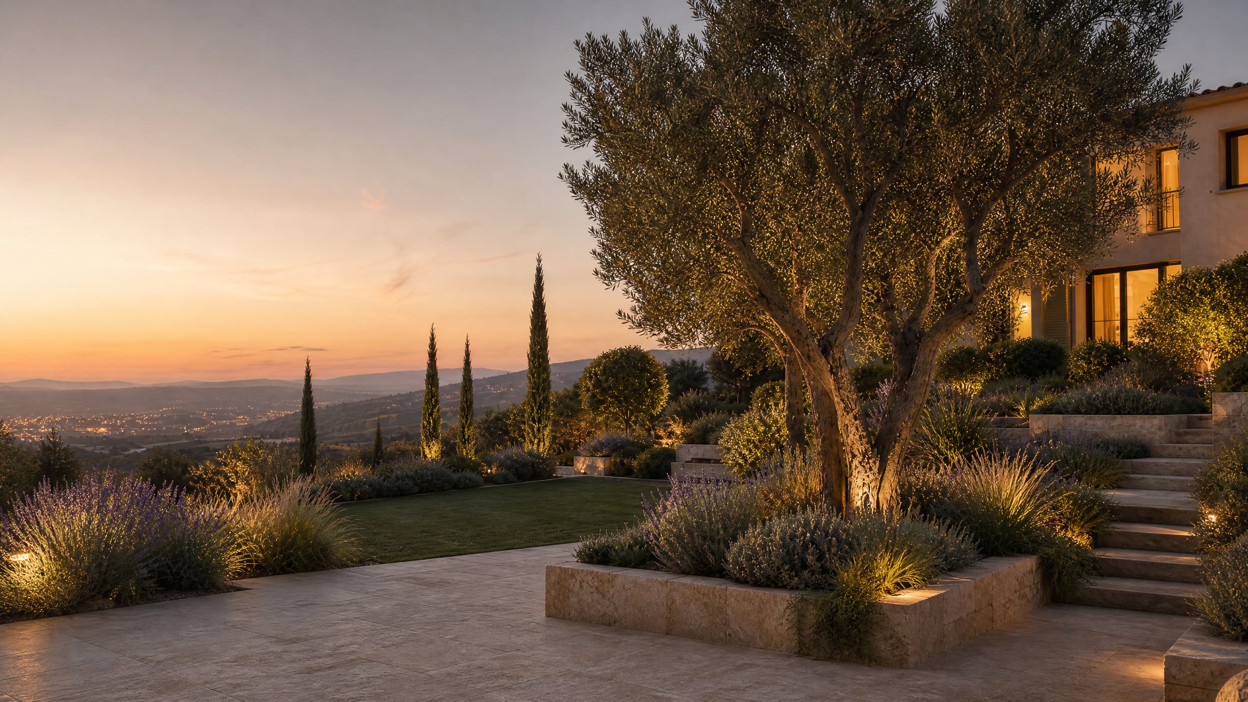 Mediterraner Hanggarten am Abend: beleuchteter Olivenbaum in einem Natursteinbeet, Lavendel und Gräser, Zypressen vor einer weiten Hügellandschaft.