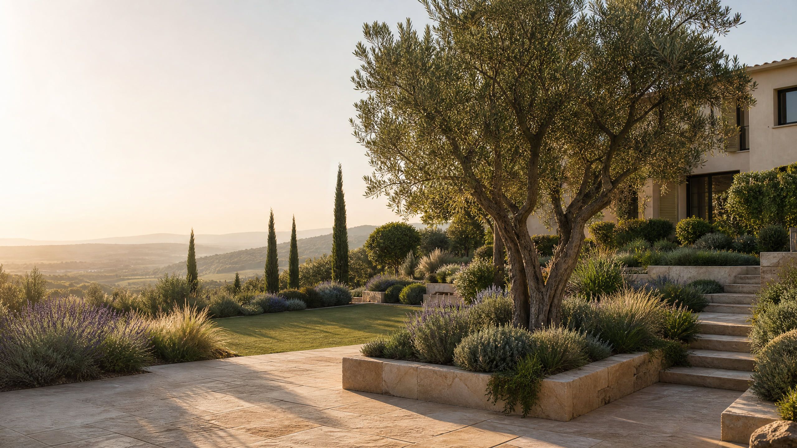 Mediterraner Hanggarten am Morgen: Olivenbaum im Natursteinbeet, Lavendel, Zypressen und weiter Blick über sonnige Hügel.