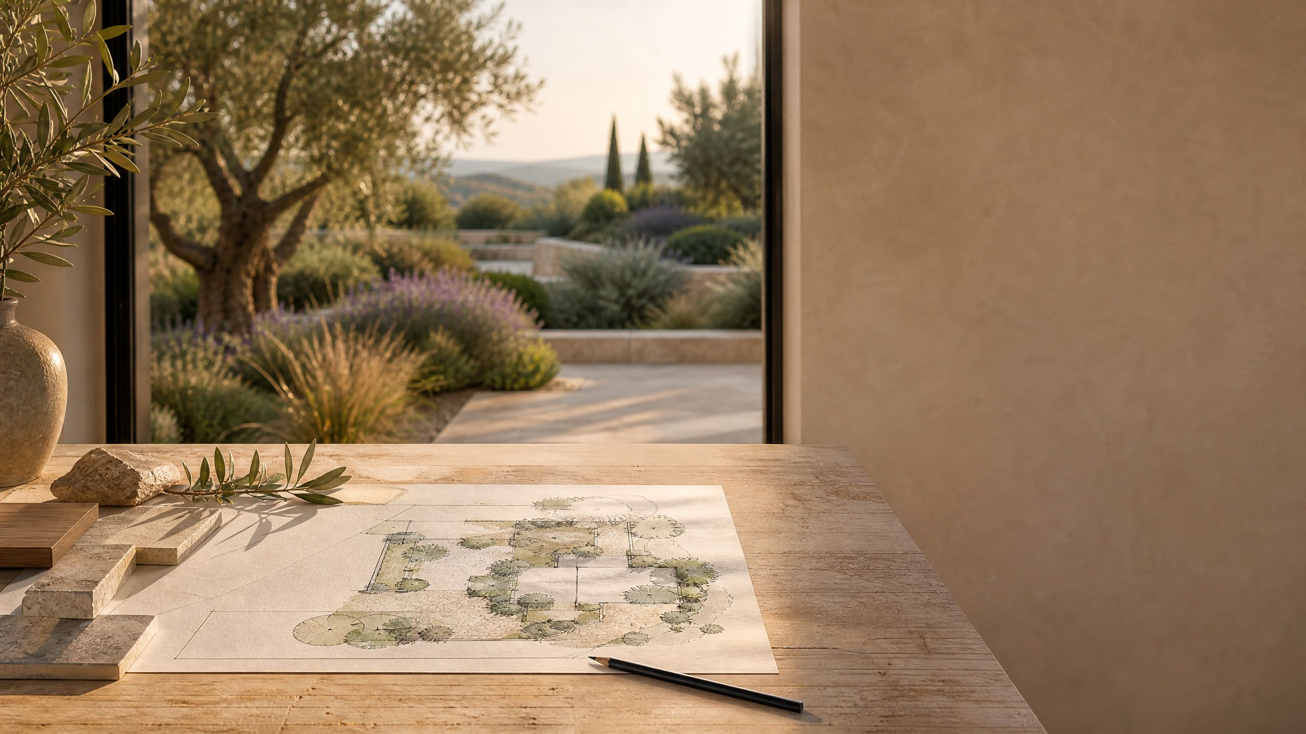 Handgezeichneter Gartenplan mit Aquarell-Pflanzsymbolen auf einem Holztisch, dahinter durch die Terrassentür ein mediterraner Garten mit Olivenbaum.