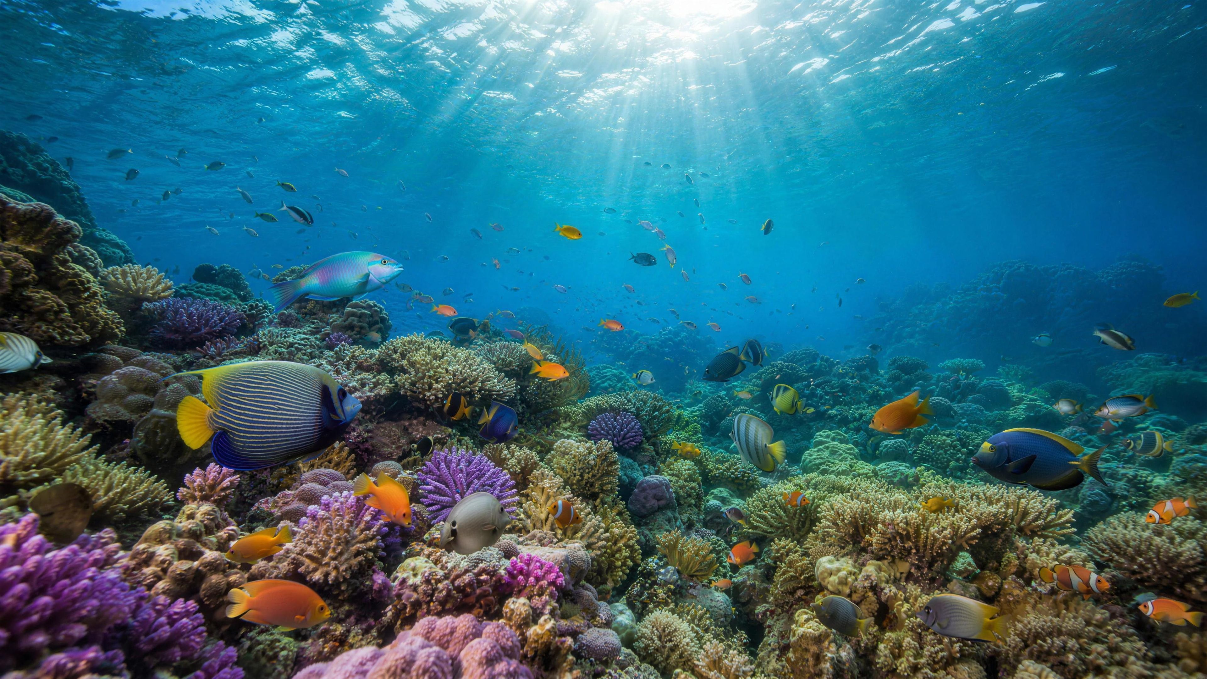 Korallenriff unter Wasser mit bunten Rifffischen im einfallenden Sonnenlicht.