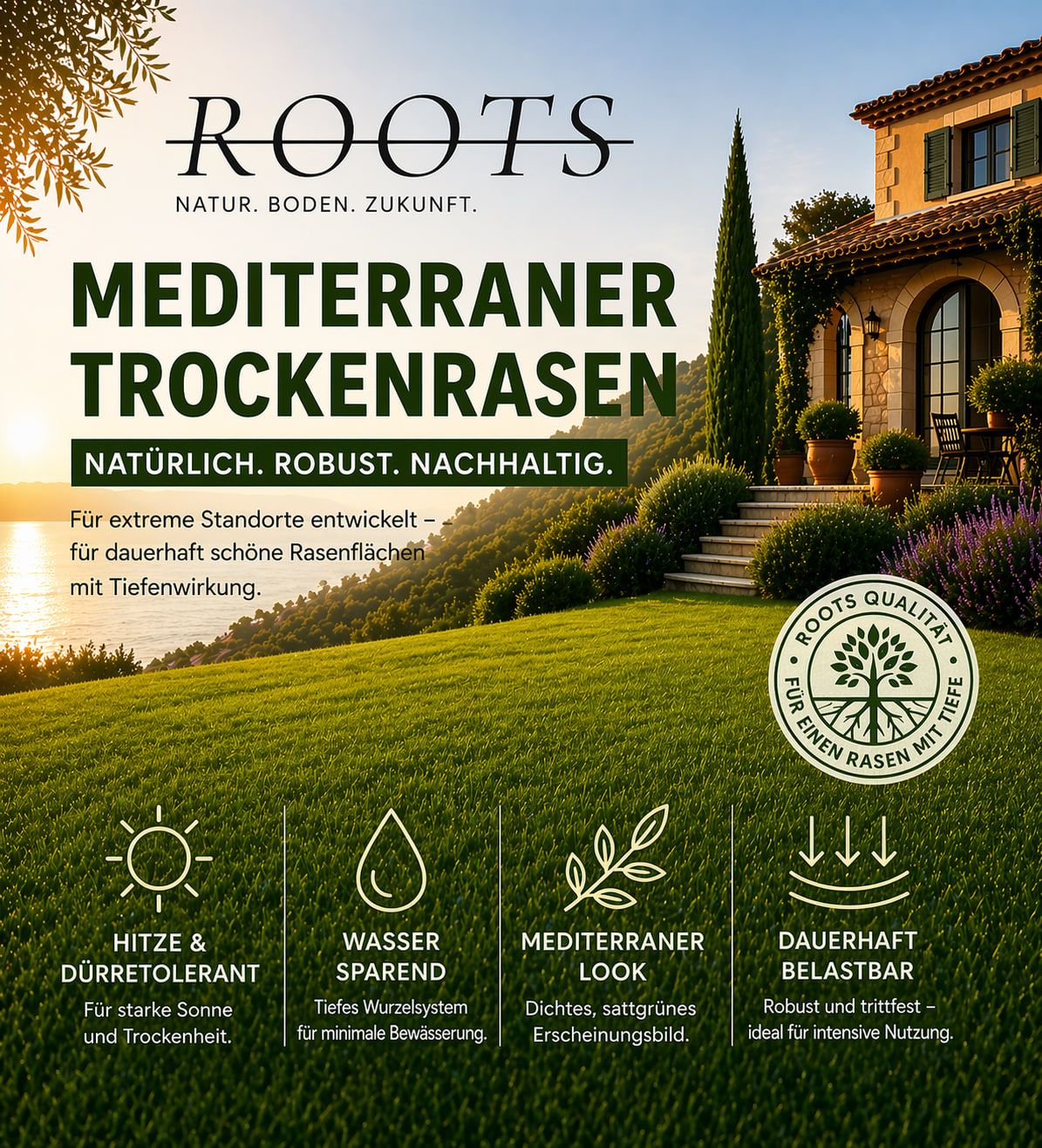Produktcover ROOTS Mediterraner Trockenrasen: sattgrüne Rasenfläche vor einer mediterranen Villa mit Piktogrammen zu Hitze, Wasser, Look und Belastbarkeit.